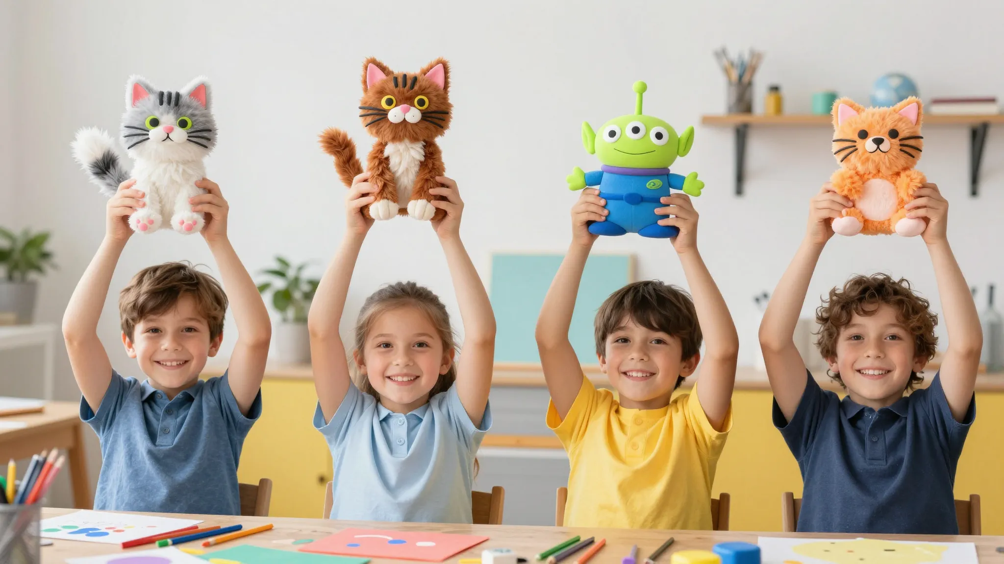 A joyful scene of children proudly holding up their handmade...