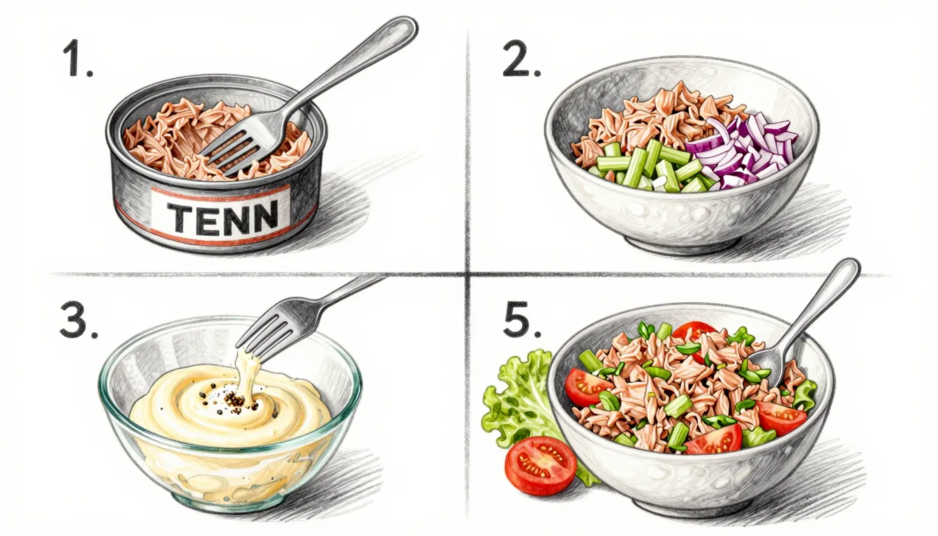 Pencil drawing of a step-by-step recipe for tuna salad. Firs...