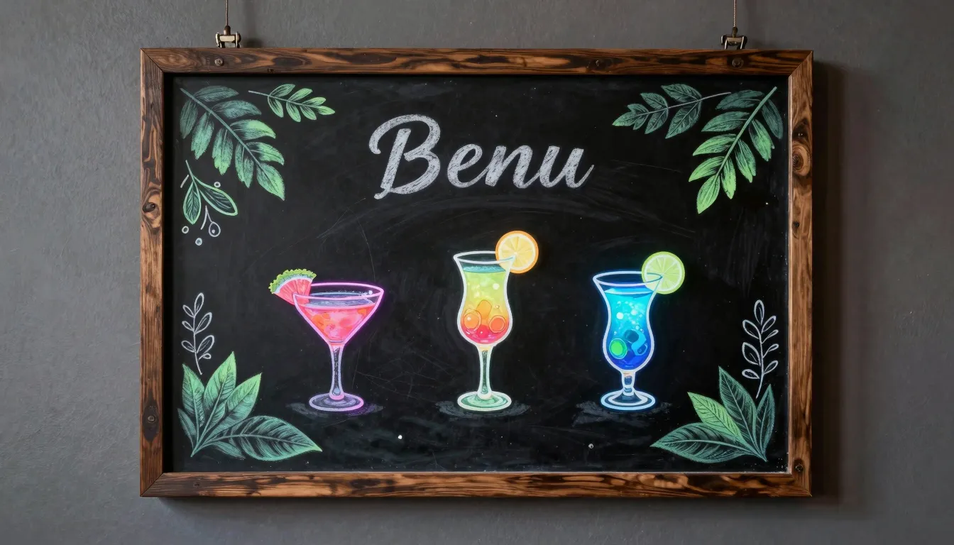 A stylish bar menu board made of dark wood with chalk drawin...