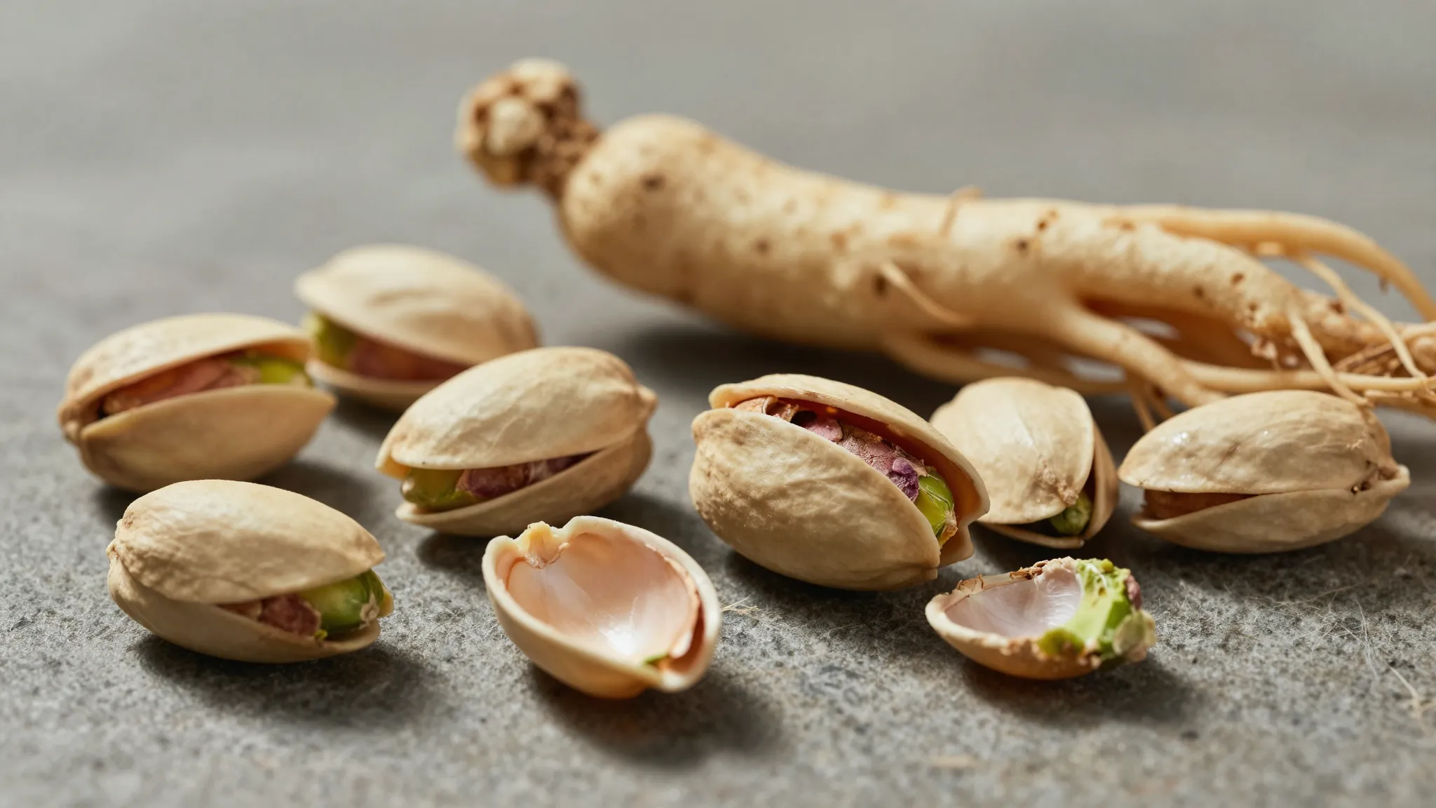 Close-up of open pistachio shells and a textured ginseng roo...