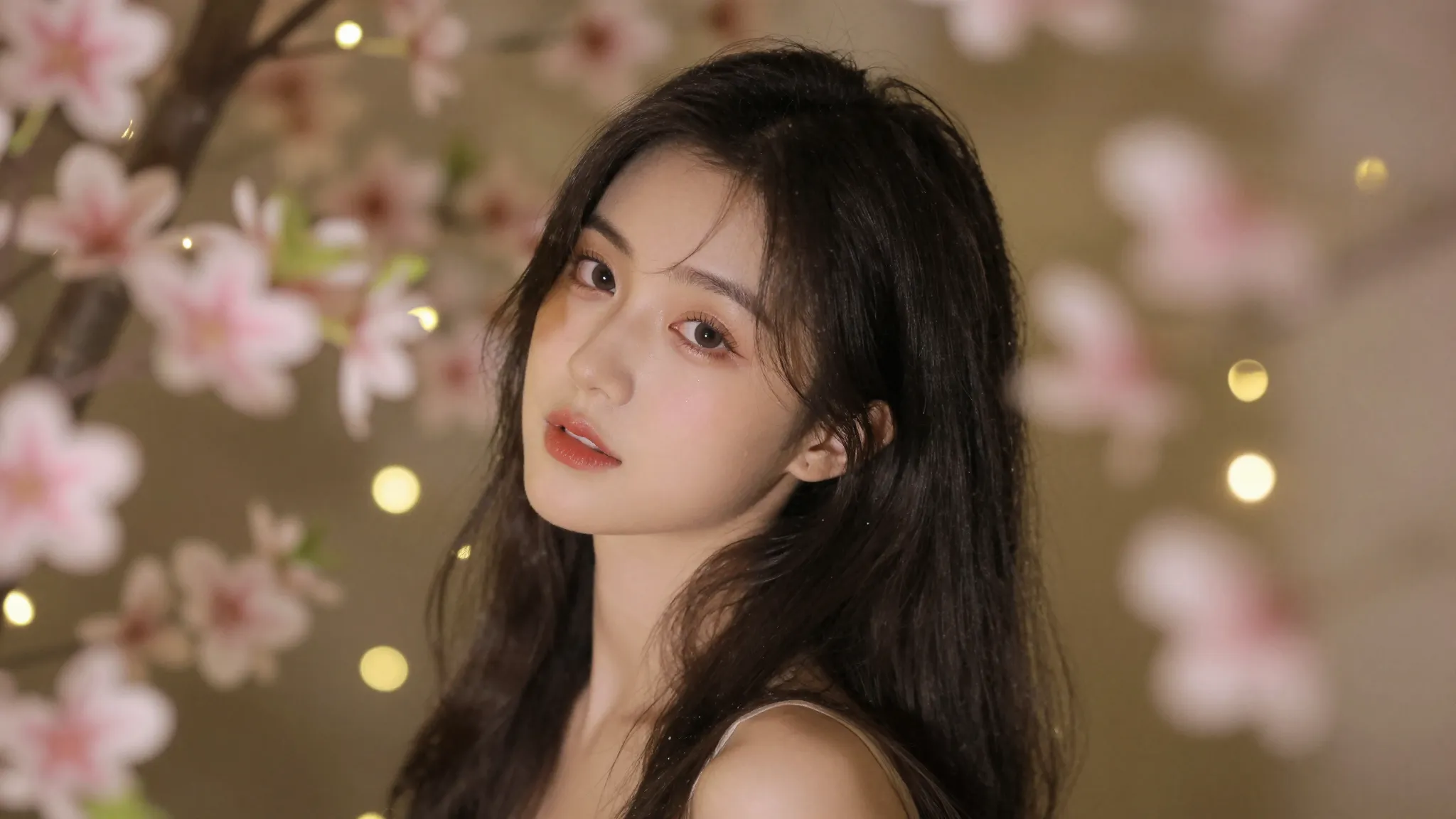 A beautiful 20-year-old girl surrounded by delicate pink flo...