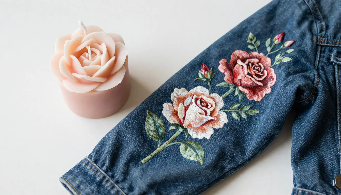 A beautiful hand-painted floral design on a denim jacket sle...