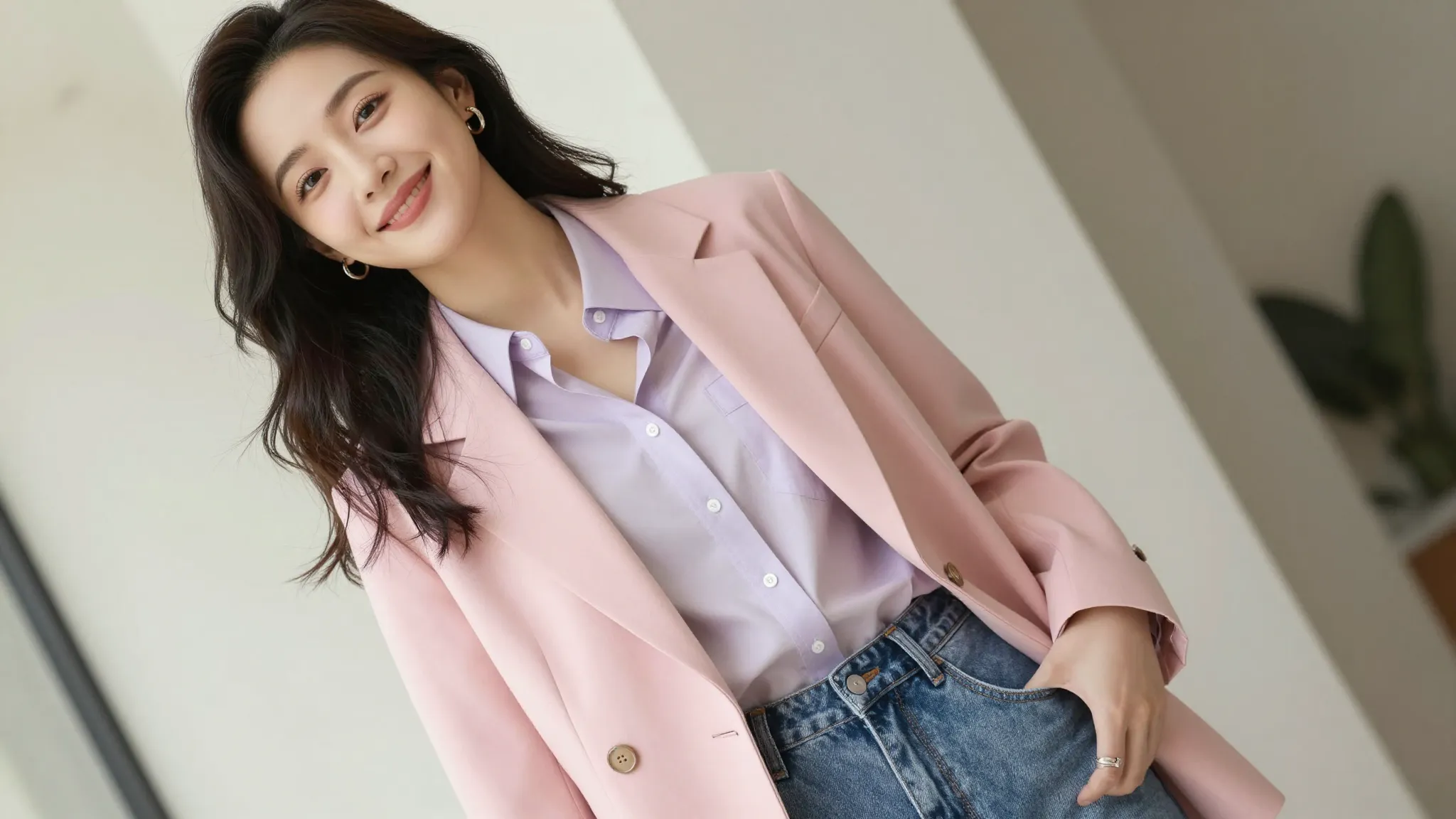 A beautiful woman with a radiant smile, wearing a stylish pi...