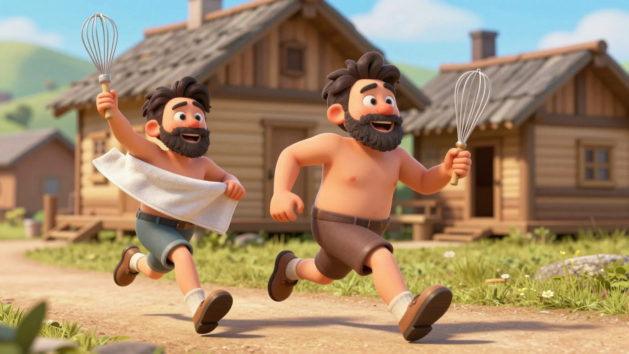 Two funny friends running joyfully towards a wooden village ...