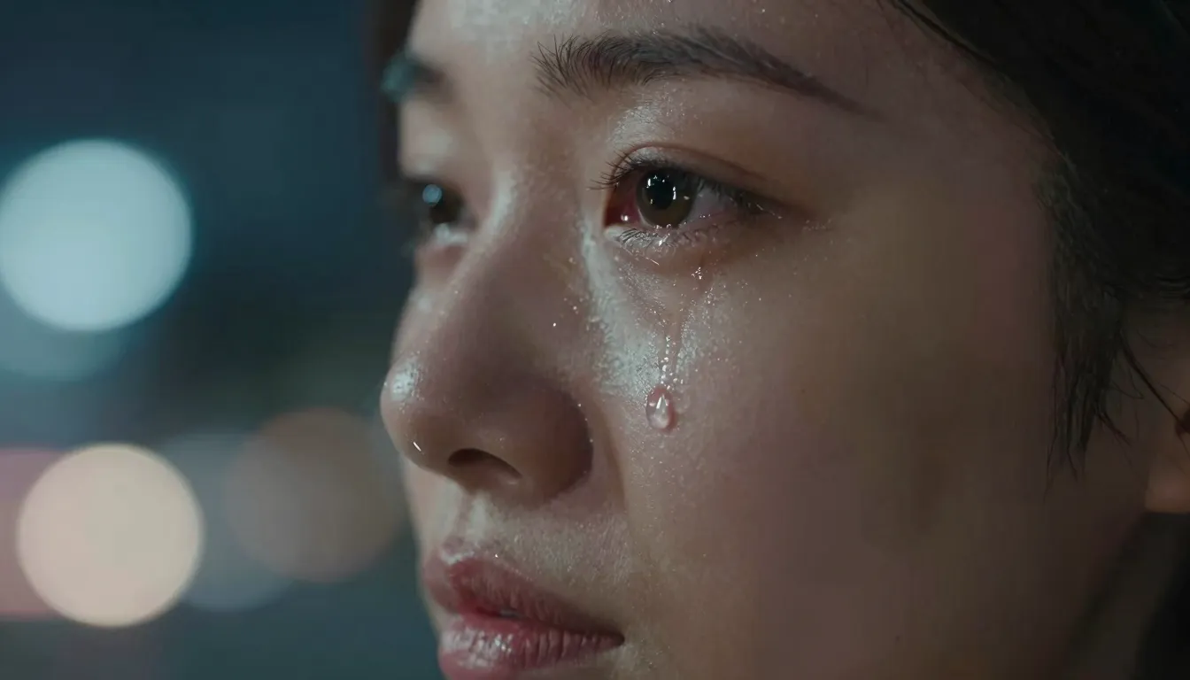 A close-up of a woman's face with a single sparkling tear of...