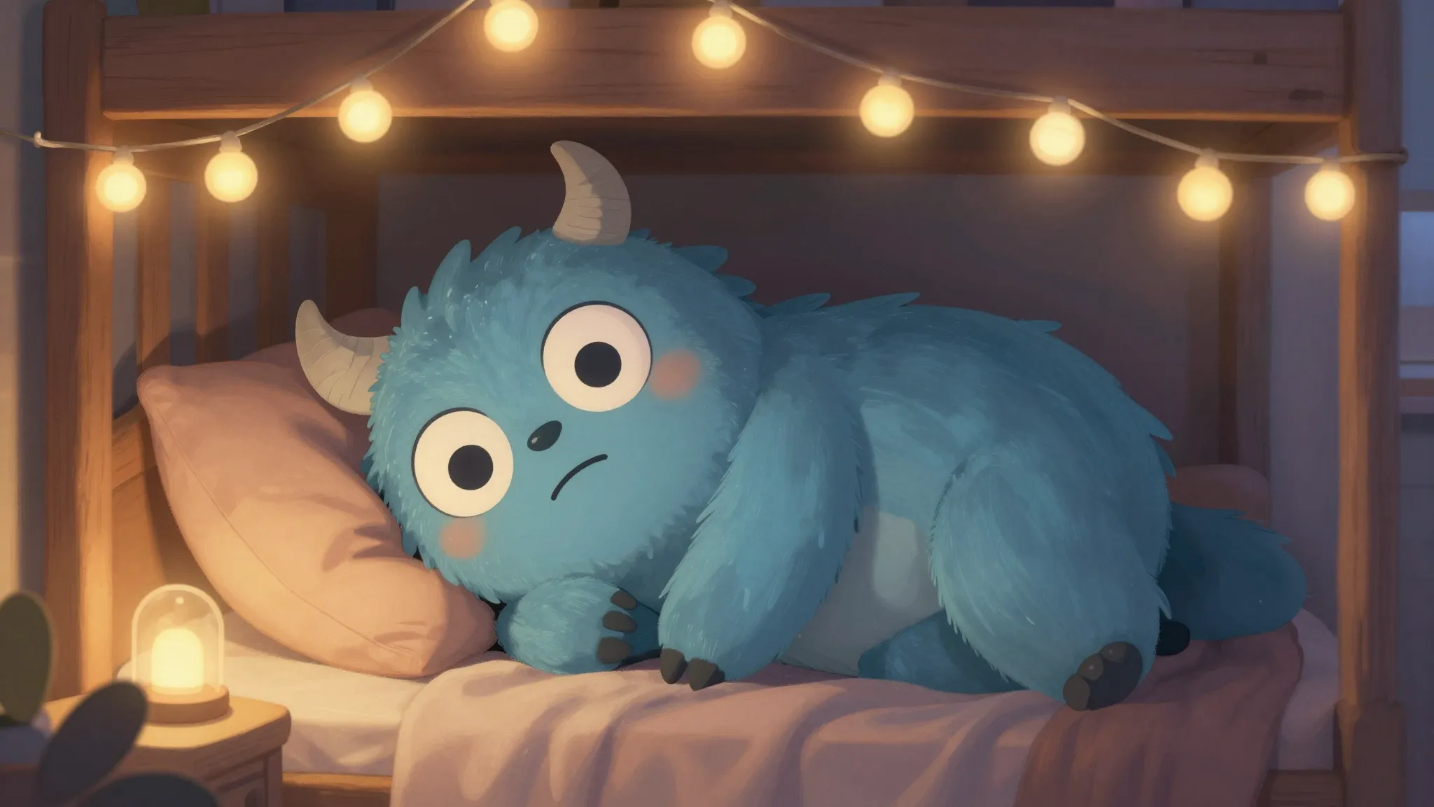 A cute friendly monster with big eyes sleeping under a bed i...