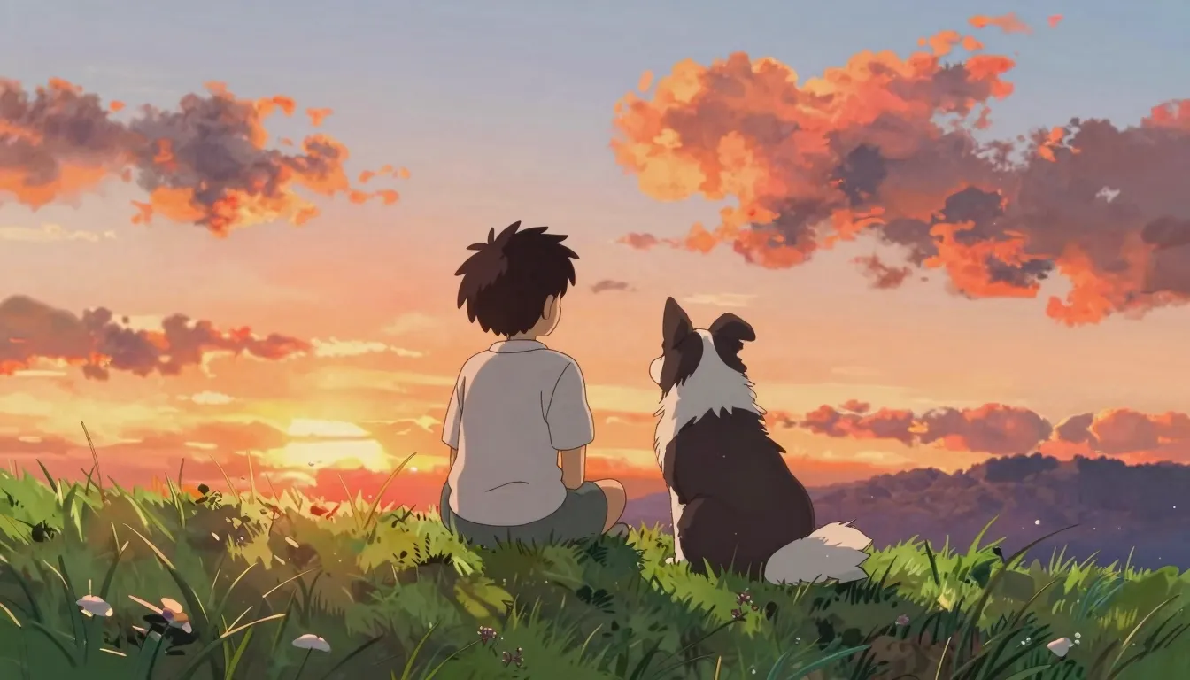Vibrant anime illustration of a person and a Border Collie s...