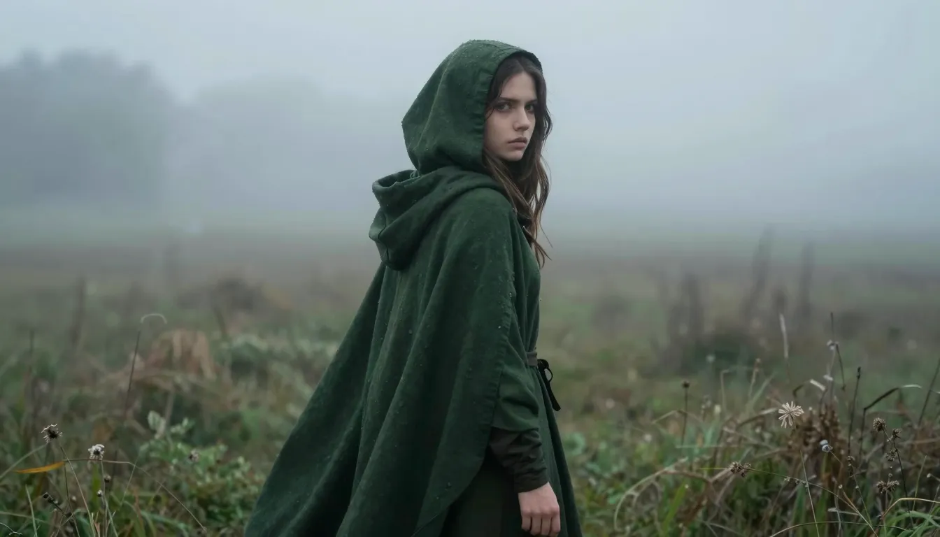 A mysterious girl walking through a misty morning field, wea...