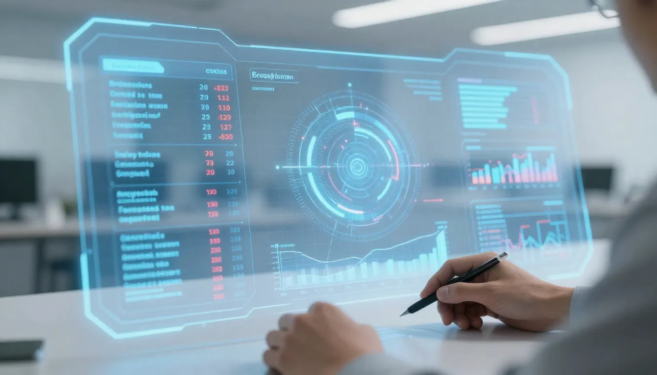 A futuristic holographic interface showing trading automatio...