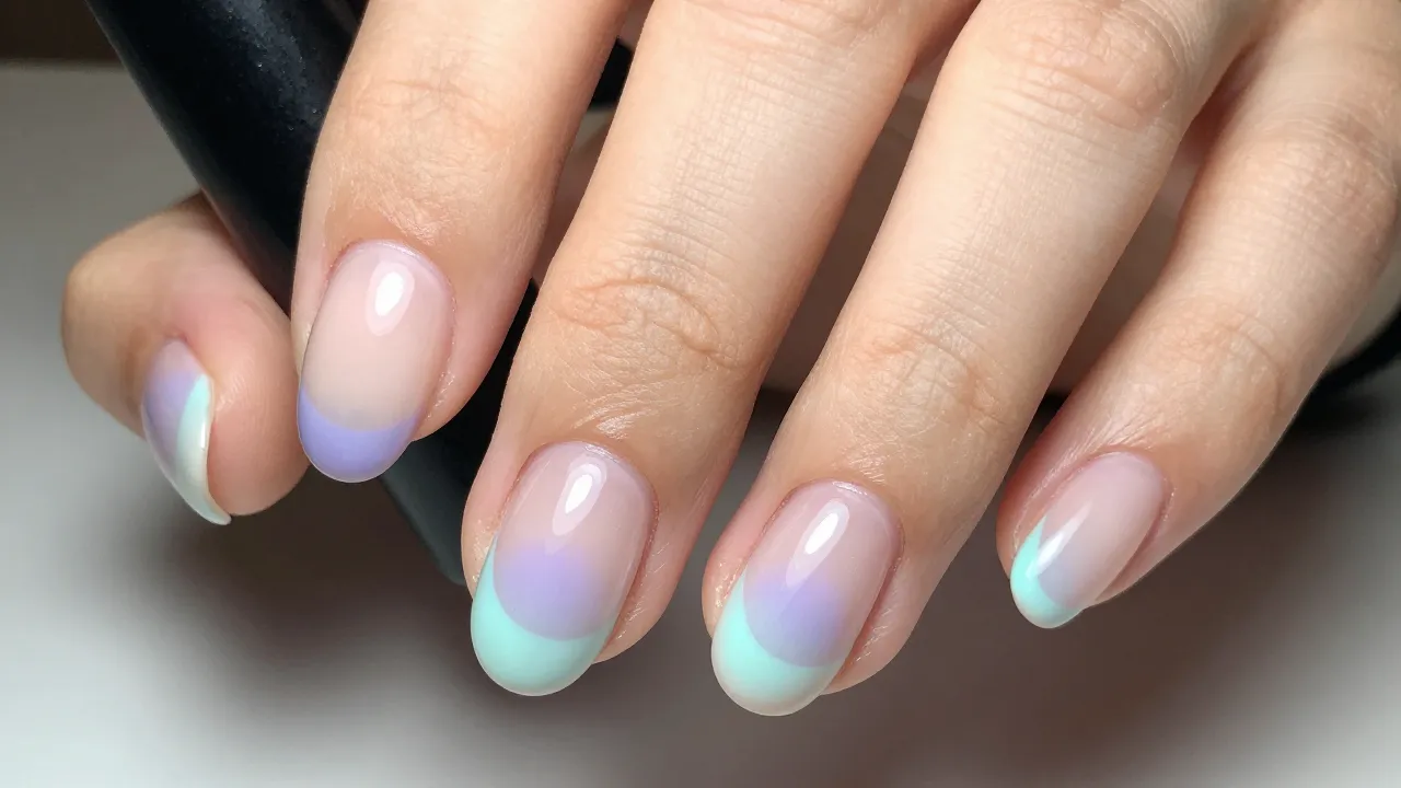 Short oval nails, natural nude base, soft 'Aura' airbrush ef...