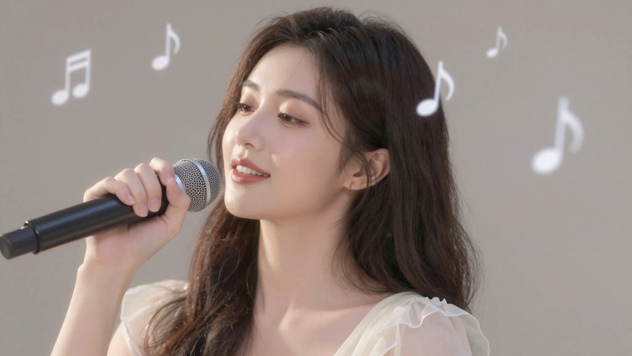 A beautiful woman singing softly, ethereal light, musical no...