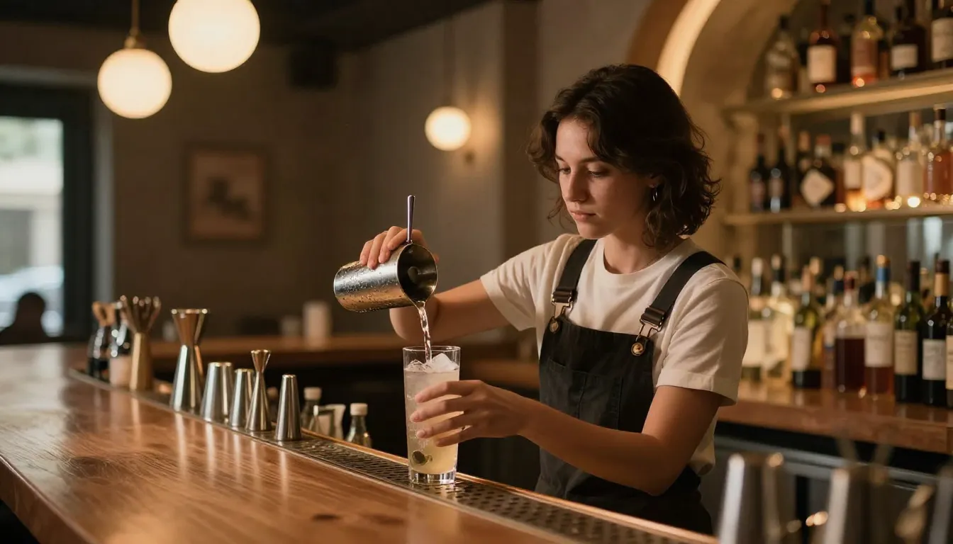 A cozy modern bar interior with warm lighting, a professiona...