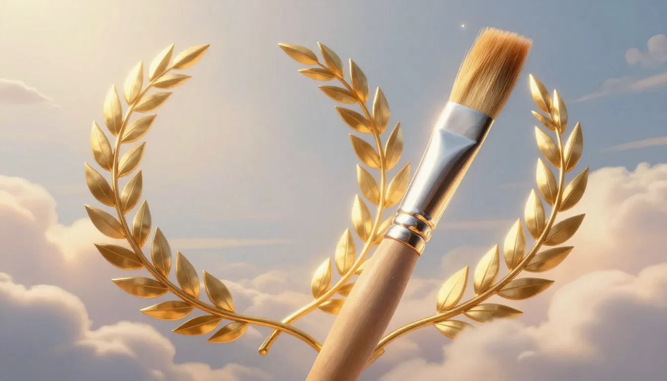 A golden laurel wreath and a divine paintbrush glowing with ...
