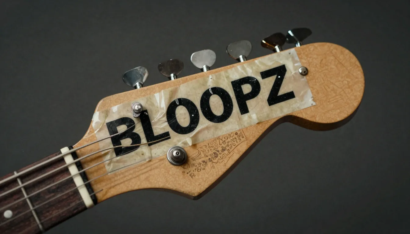 Close-up of a vintage electric guitar headstock with 'BLOOPZ...