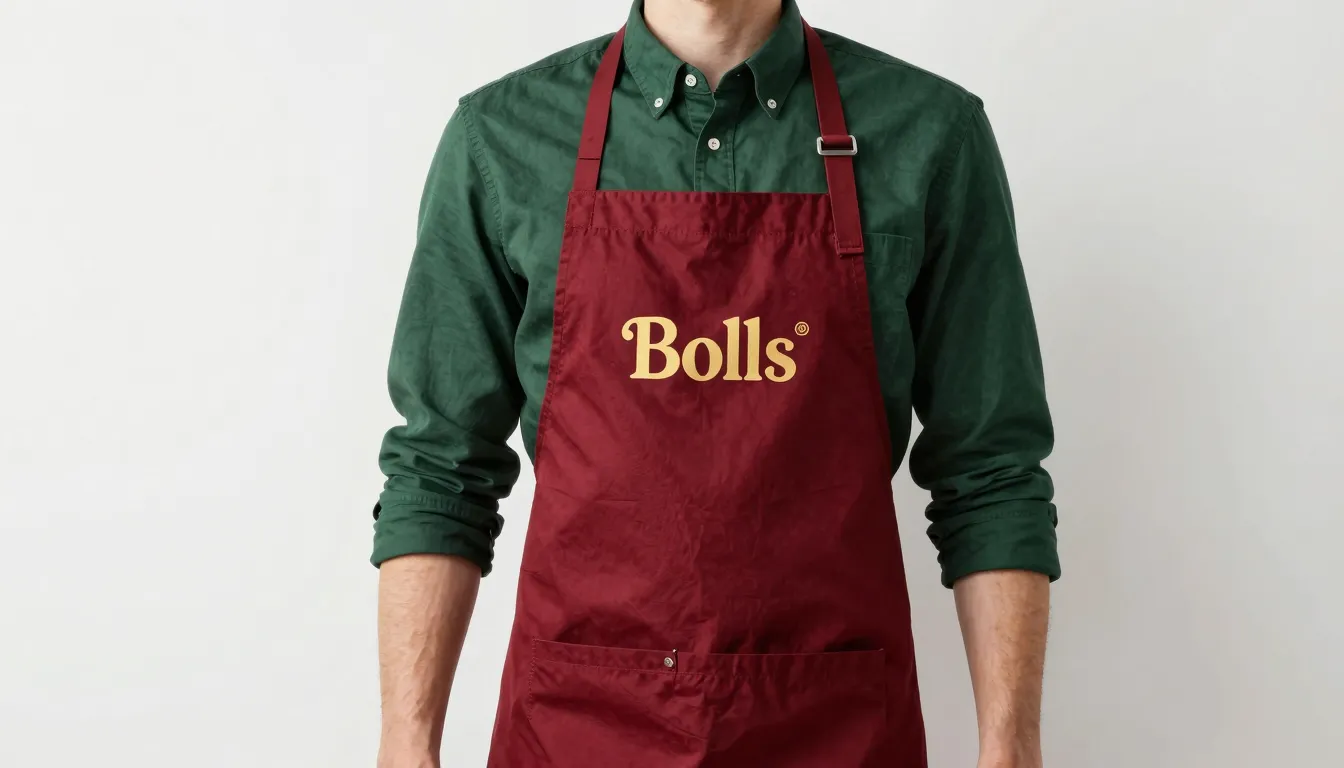 Staff apparel for 'Bolls' gourmet shop. A deep scarlet red h...