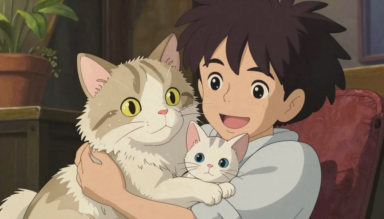 High quality anime art, a person smiling and hugging a fluff...