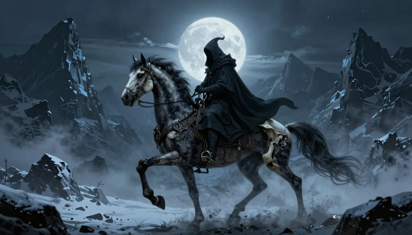 Epic dark fantasy art, a grim reaper on a skeletal horse gal...