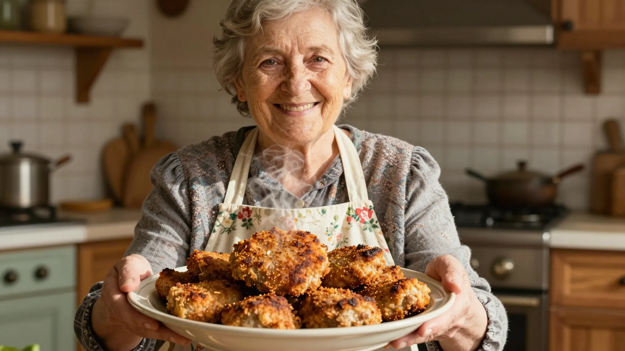 A photorealistic portrait of a kind elderly woman with a war...