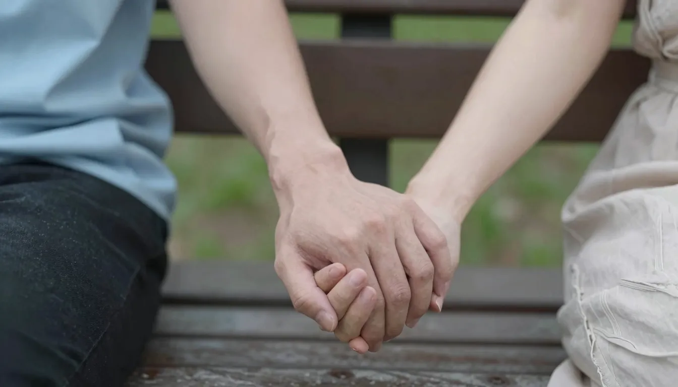 Close-up of a couple's hands intertwined on a park bench, so...