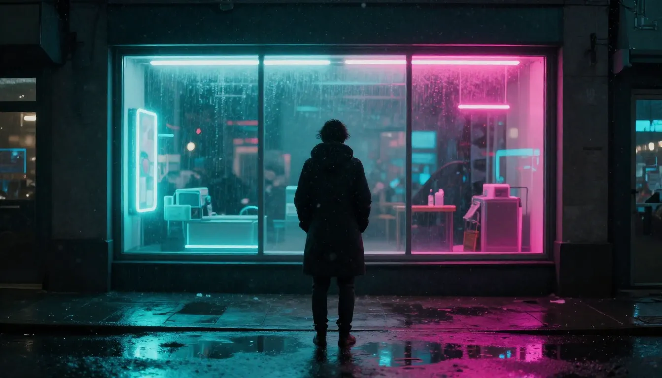 A lonely person standing in front of a bright neon shop wind...