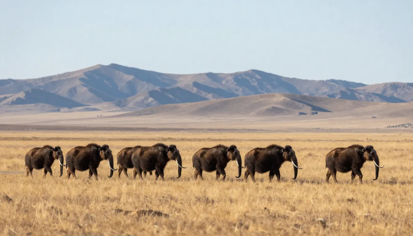 A herd of woolly mammoths in the vast dry steppes of Inner M...