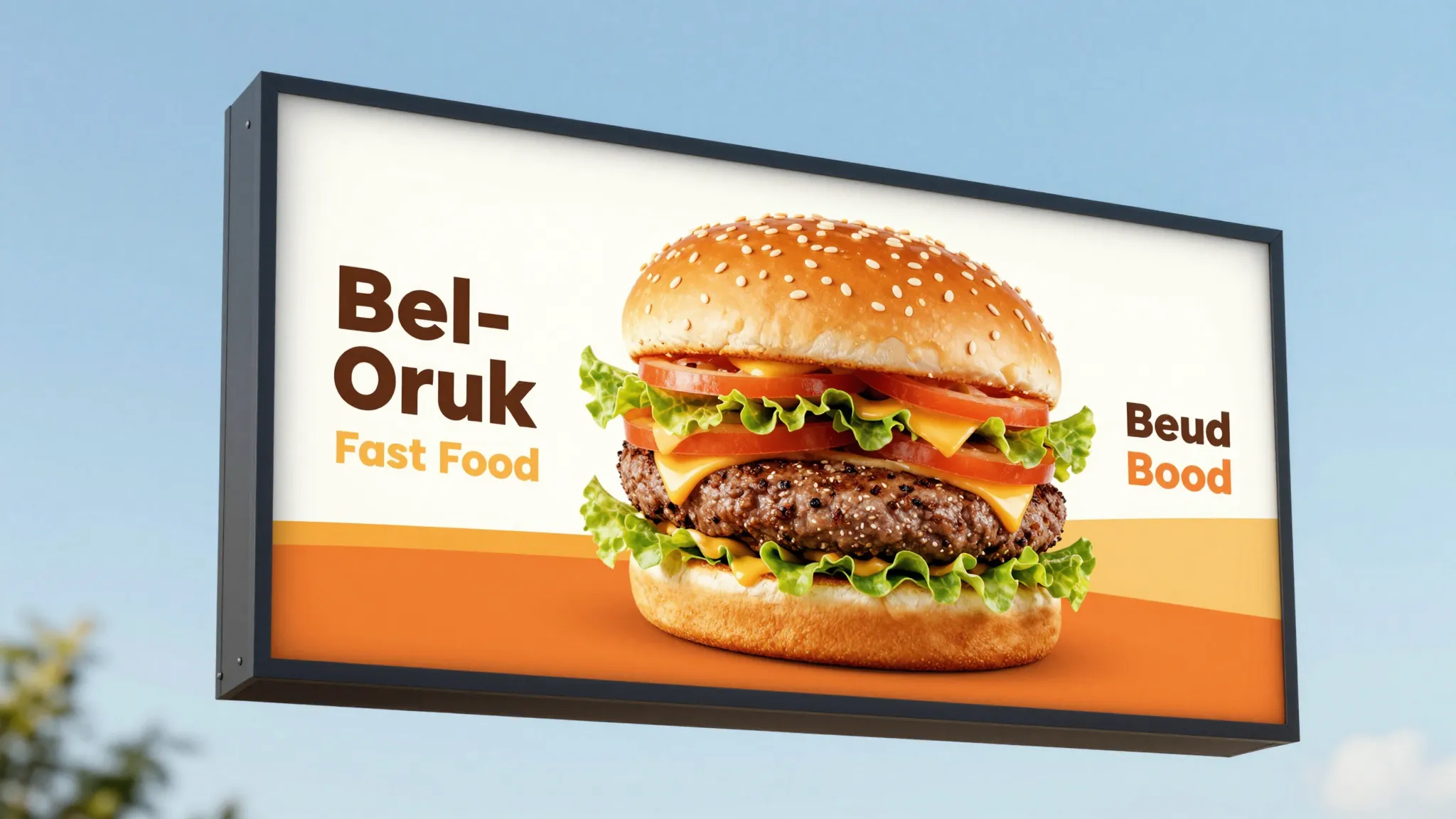 Professional outdoor signage mockup for 'Bel-Oruk' fast food...