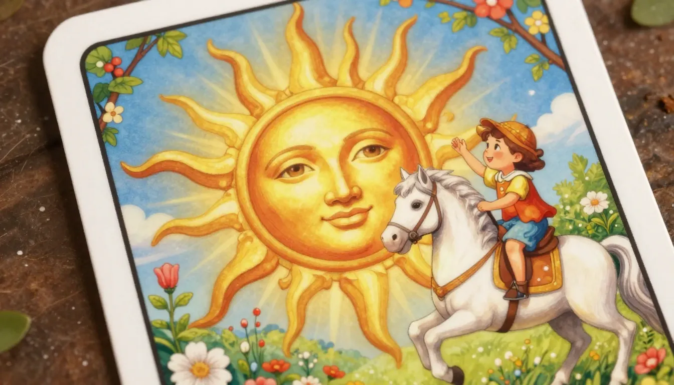 The Sun tarot card, a bright golden sun with a human face sh...