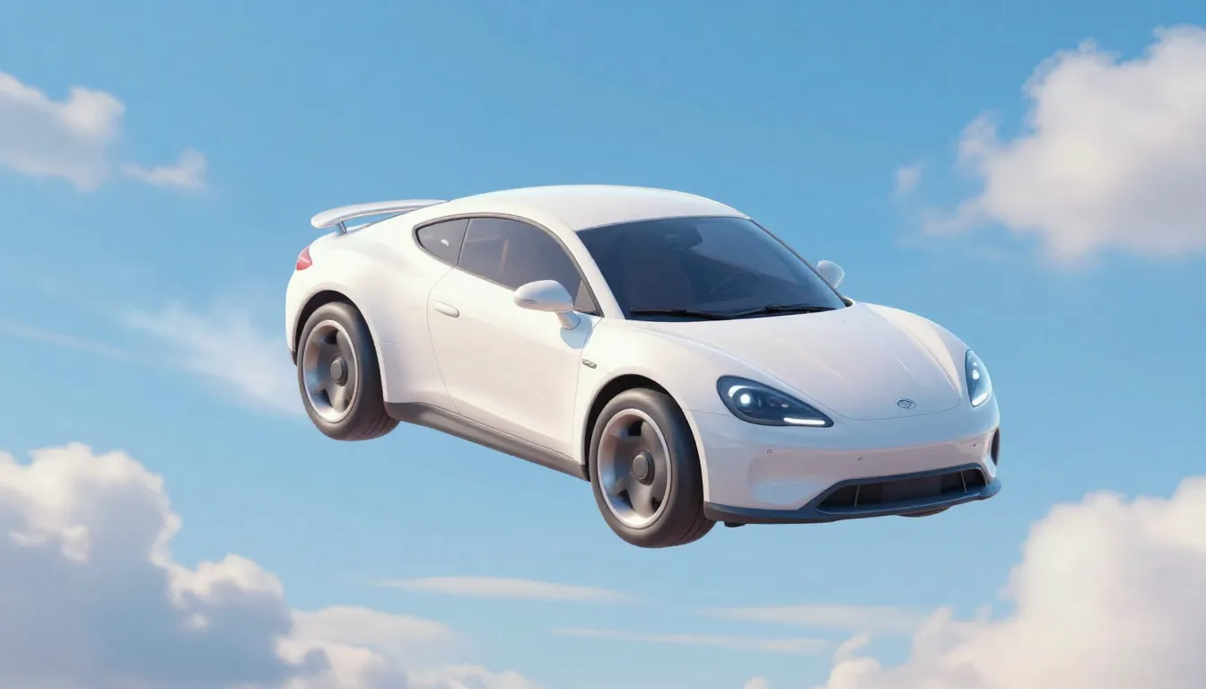 A futuristic car flying in a blue sky with some clouds, in a...