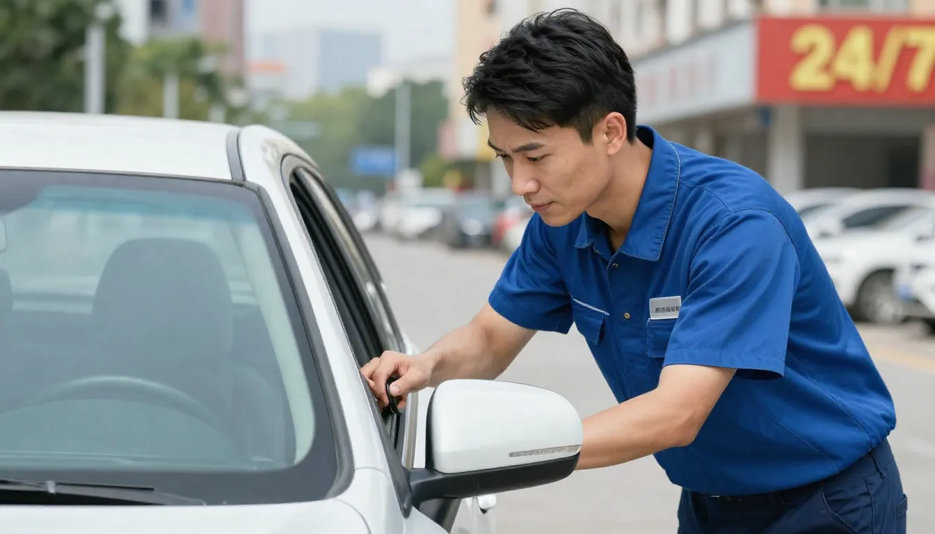A service technician in a professional uniform helping a dri...