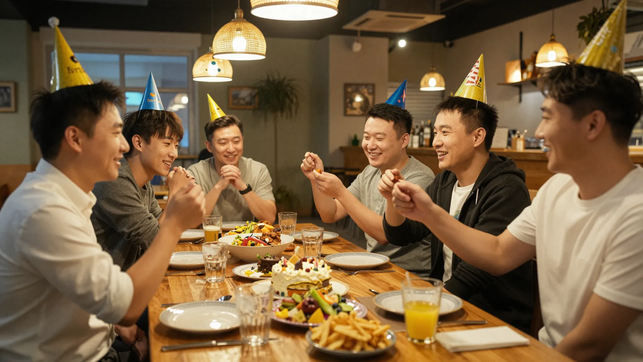 A group of happy Central Asian male friends celebrating a bi...