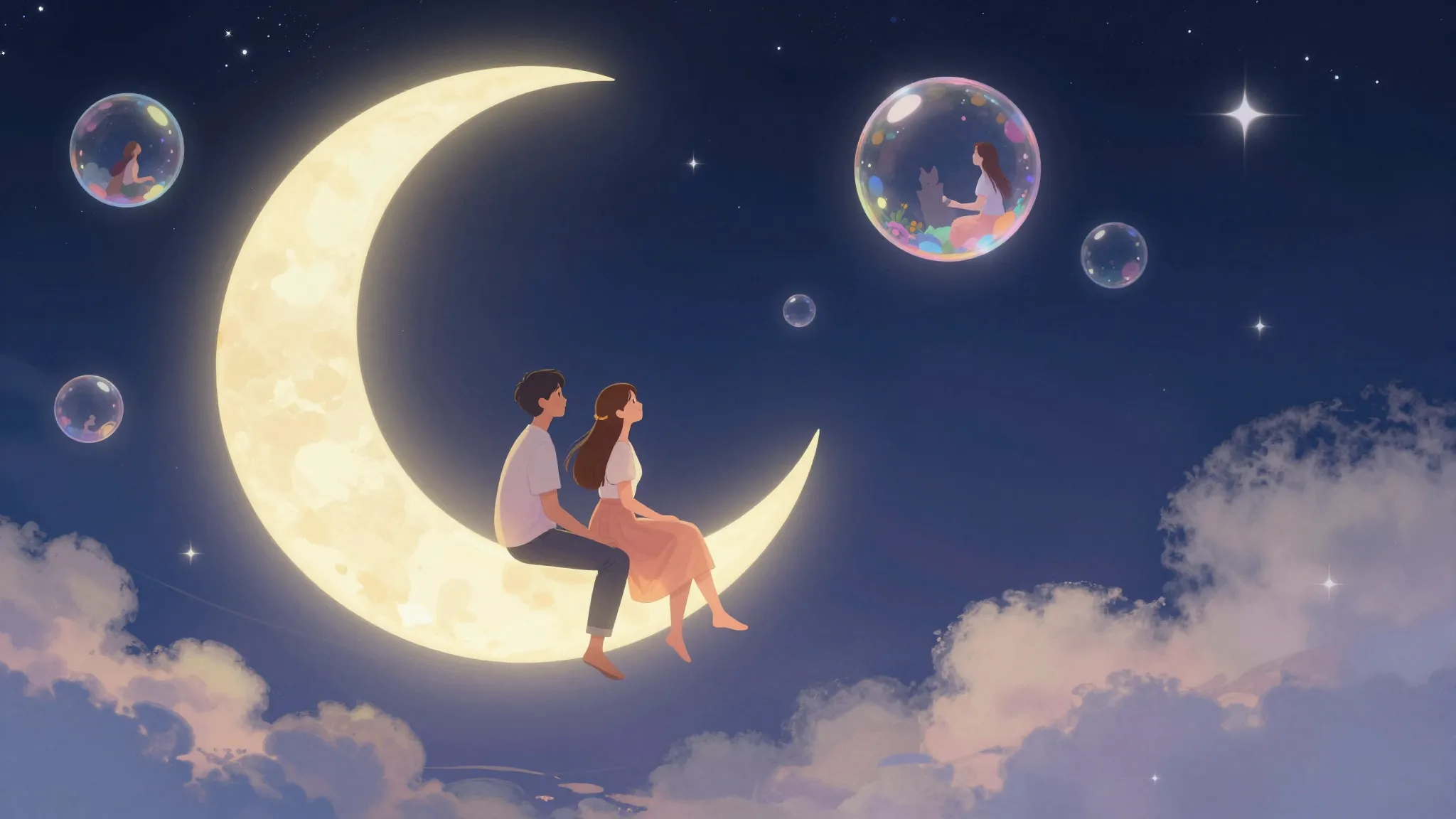 A symbolic tarot card showing a couple sitting on a glowing ...