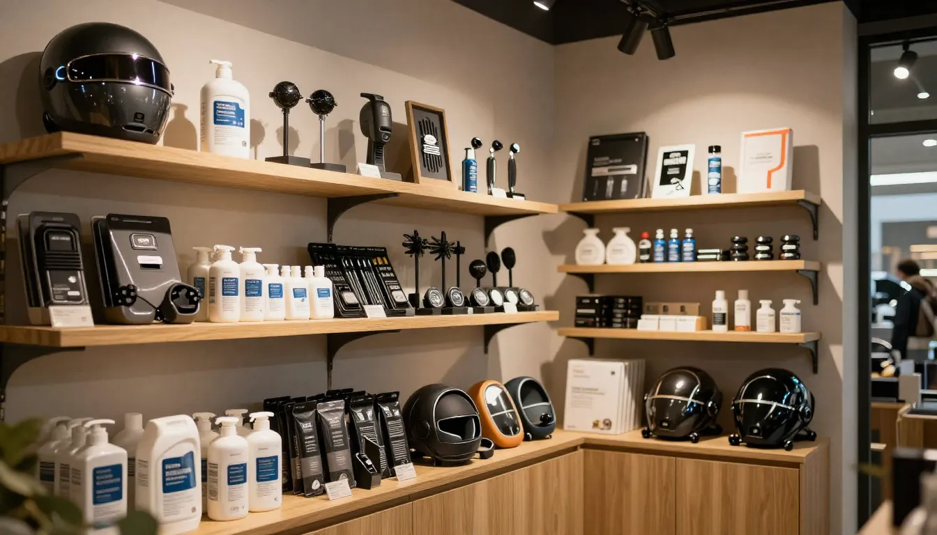 A stylish car accessory shop interior with winter car care p...