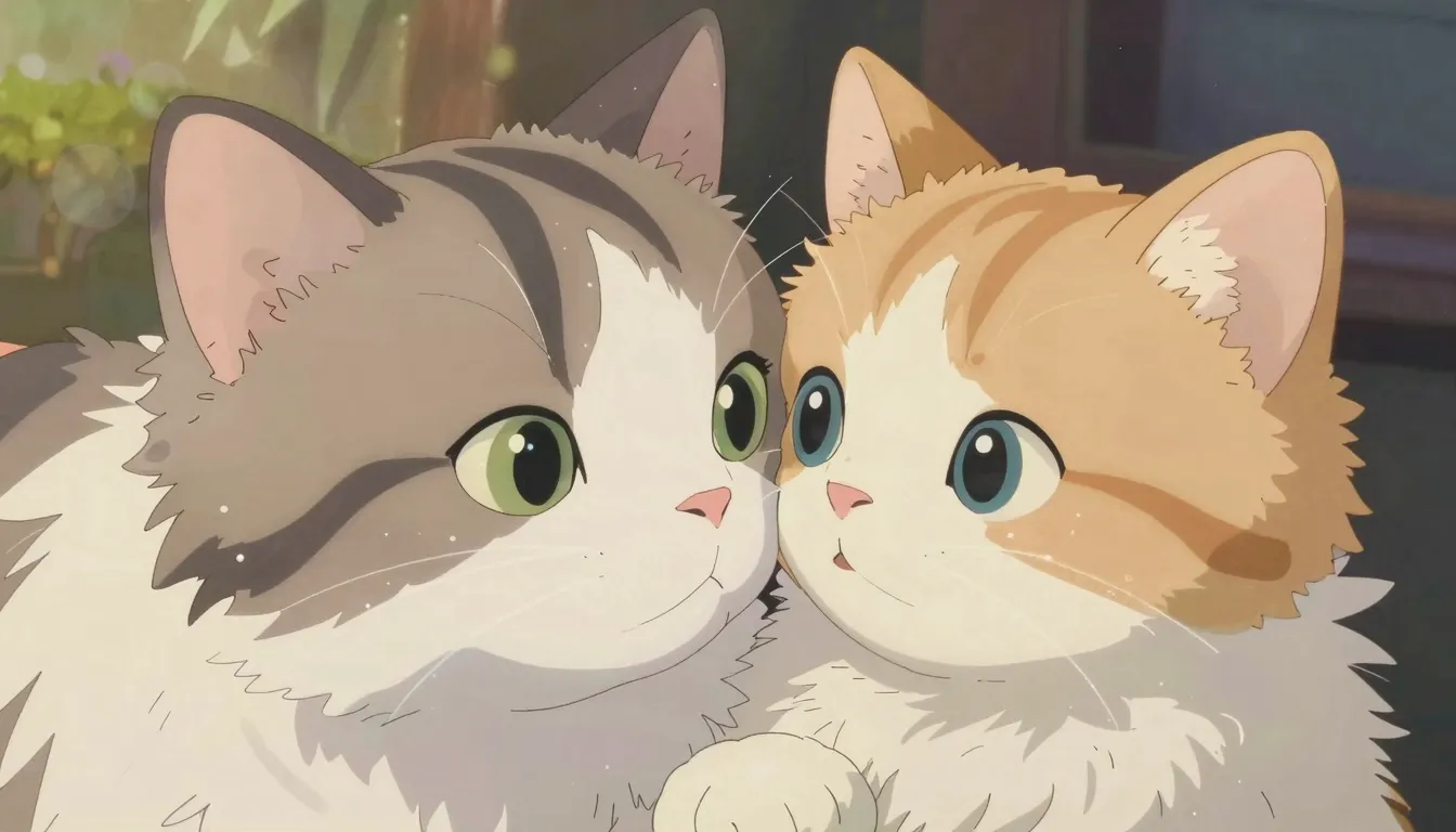 Close-up anime art of a fluffy cat and a kitten nuzzling eac...