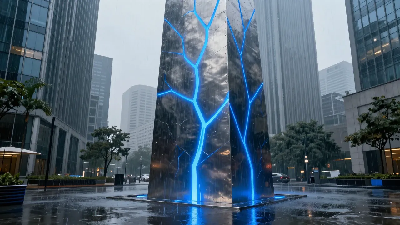 A tall monolith made of brushed steel with glowing blue vein...