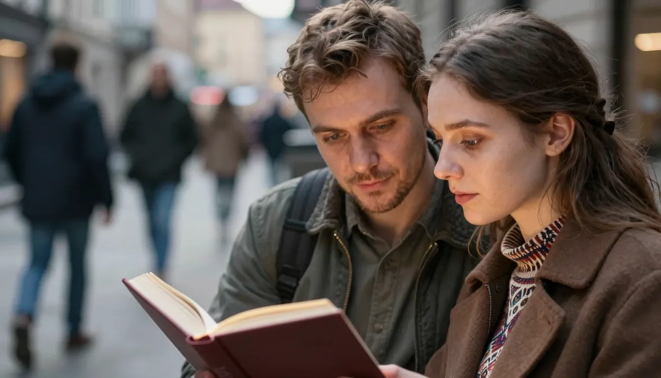 Close-up of a Slavic couple's faces as they read a glowing b...