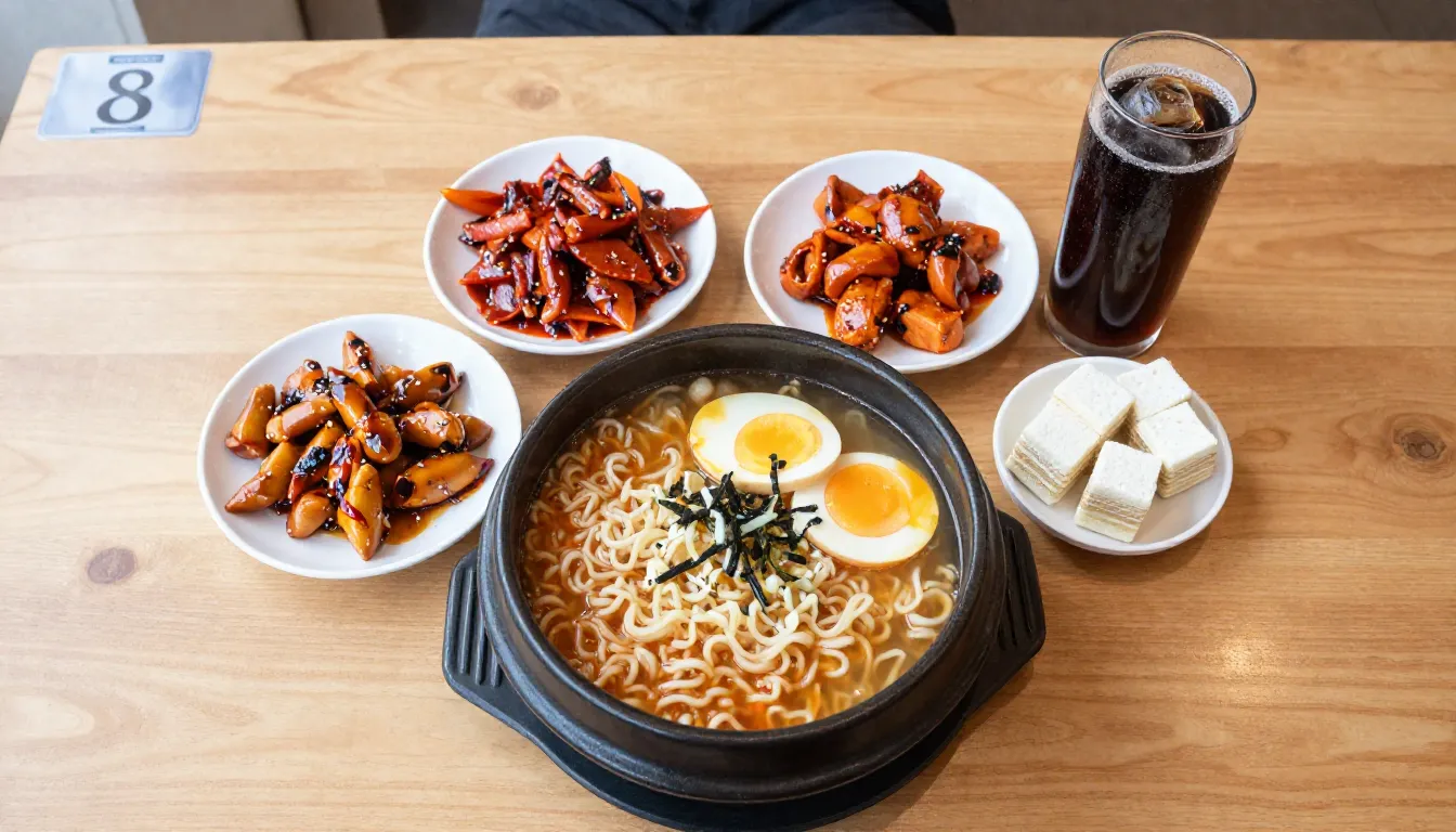 Top view of a wooden table with Korean ramen, Chinese spicy ...
