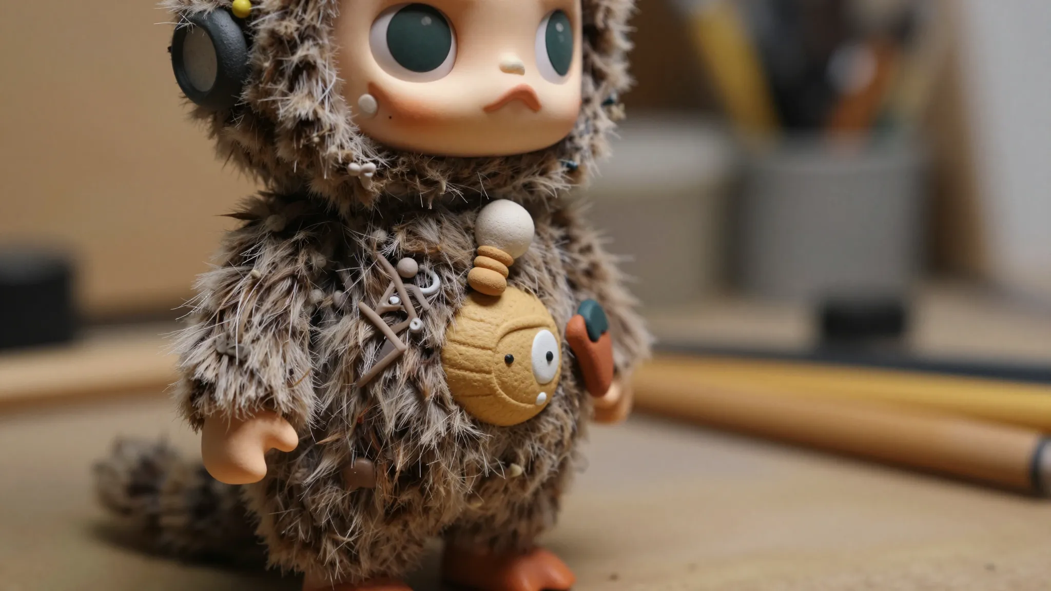 A close-up shot of a partially finished mixed-media toy. The...