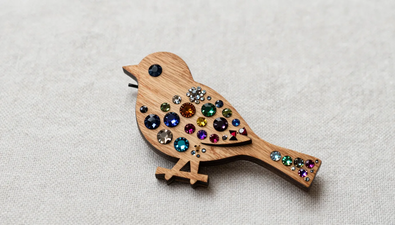 A beautiful wooden brooch in the shape of a bird, decorated ...