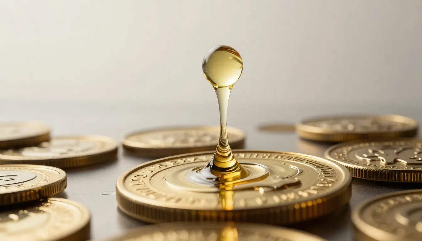 Abstract representation of oil drop and gold coin merging, d...