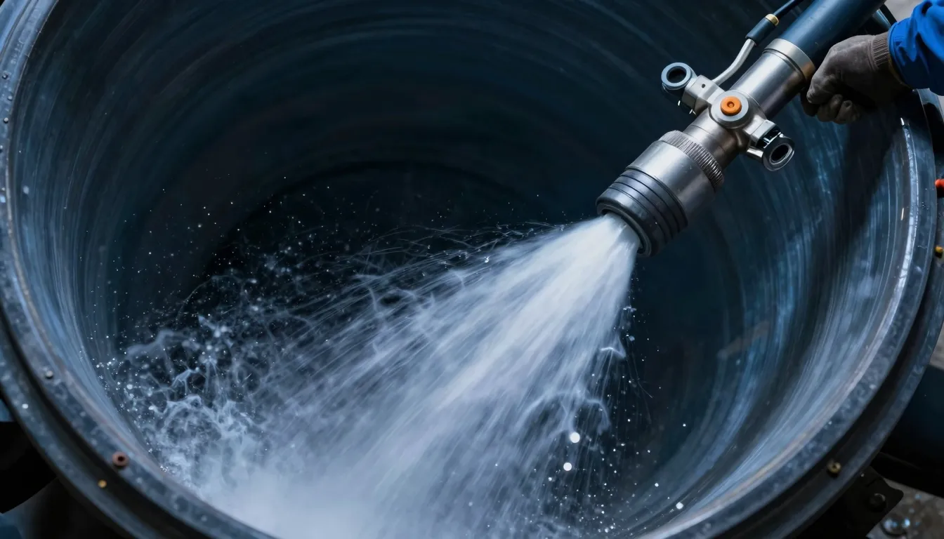 Action shot of a high-pressure hydro-jetting nozzle cleaning...