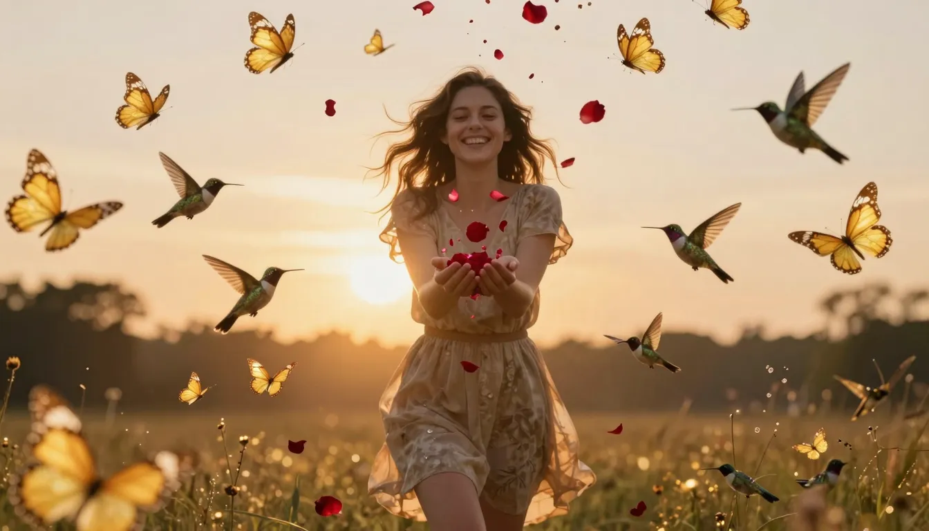 Dynamic shot of a joyful woman walking towards the viewer. S...