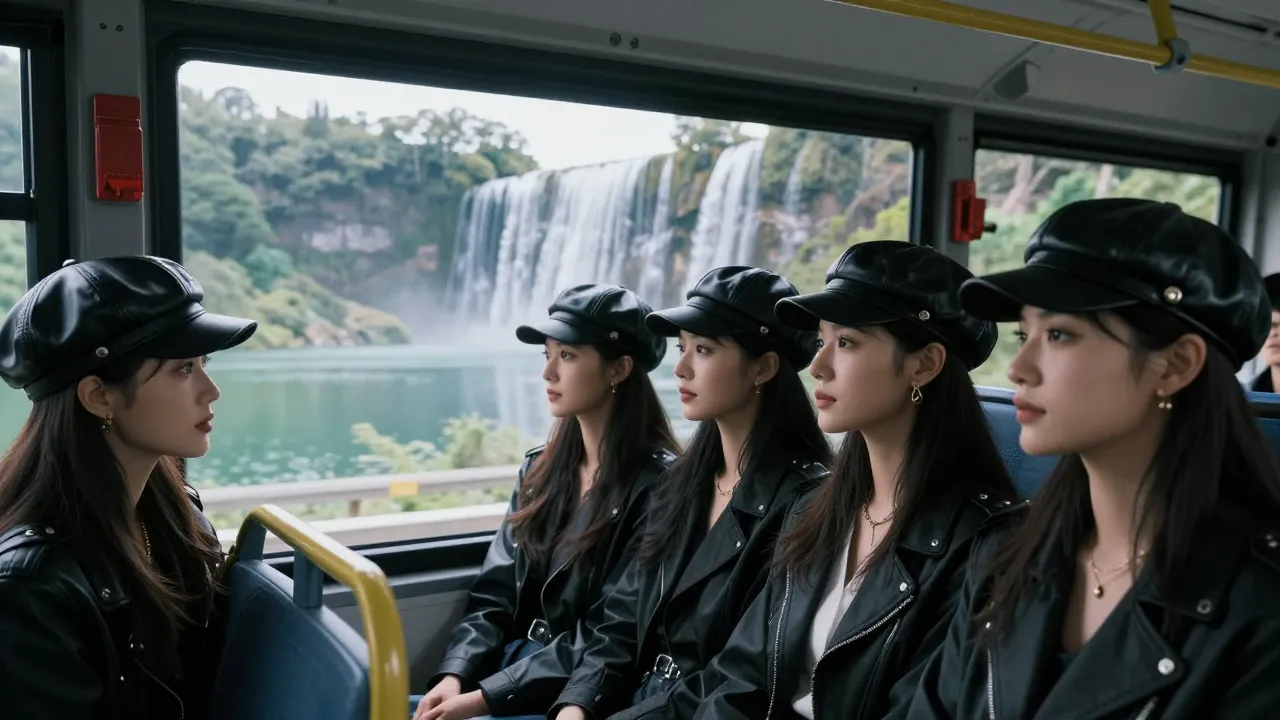 A group of beautiful Asian women in stylish black leather ca...
