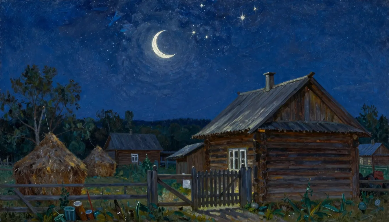 A masterful oil painting of a Russian village at night. A th...