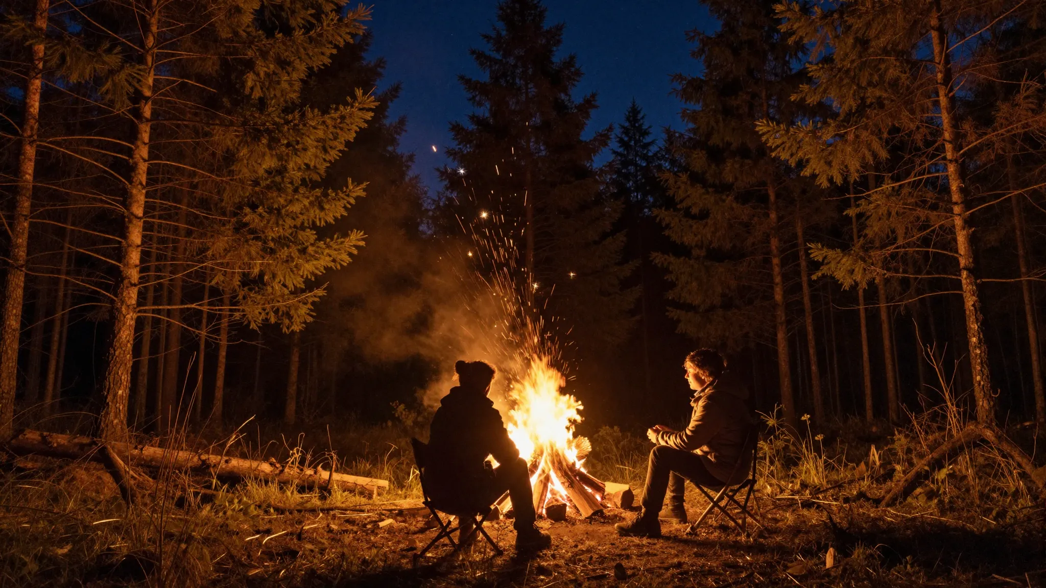 Two people sitting by a bright crackling campfire deep in a ...