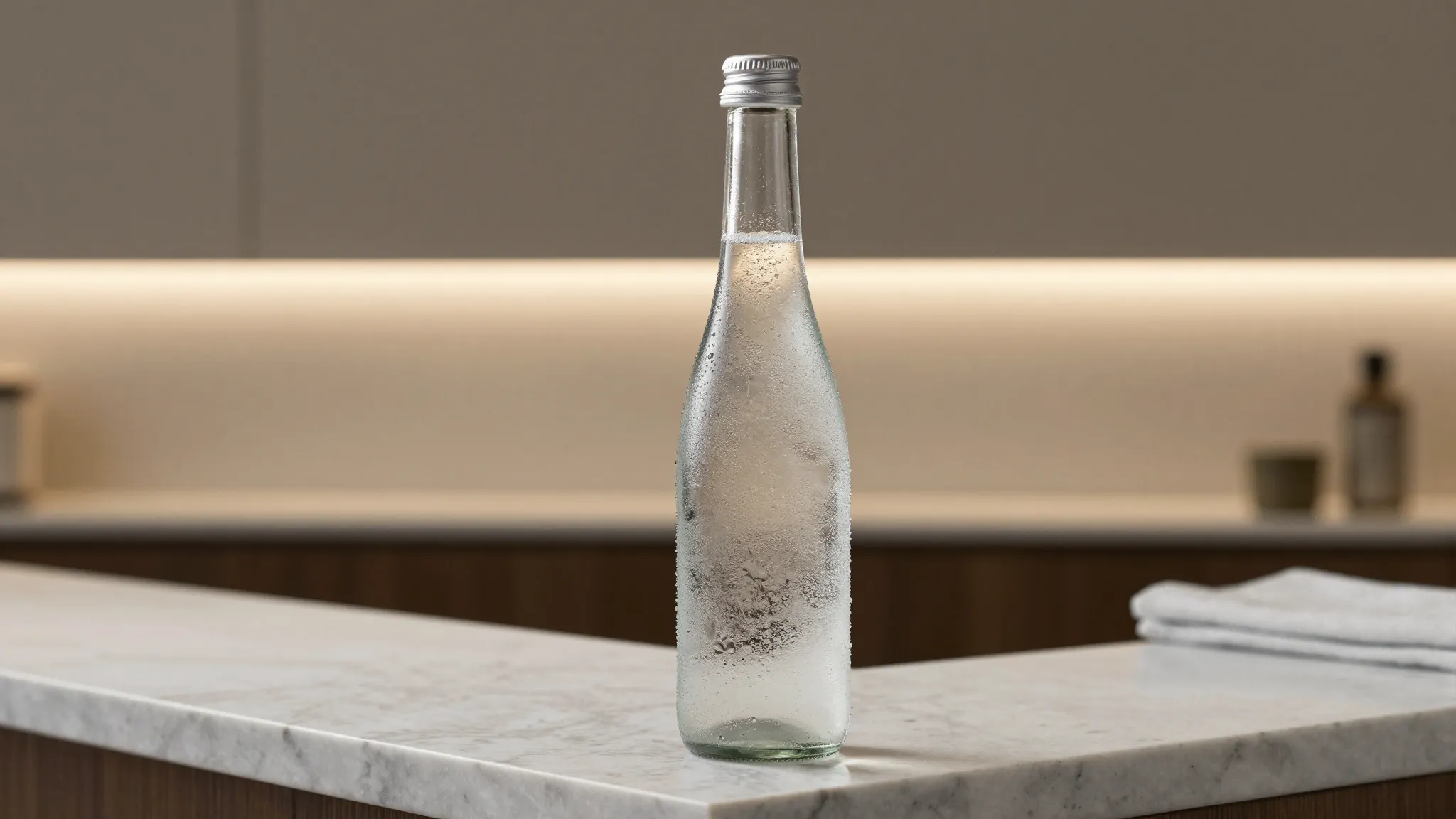A stylish glass bottle of sparkling water with condensation,...