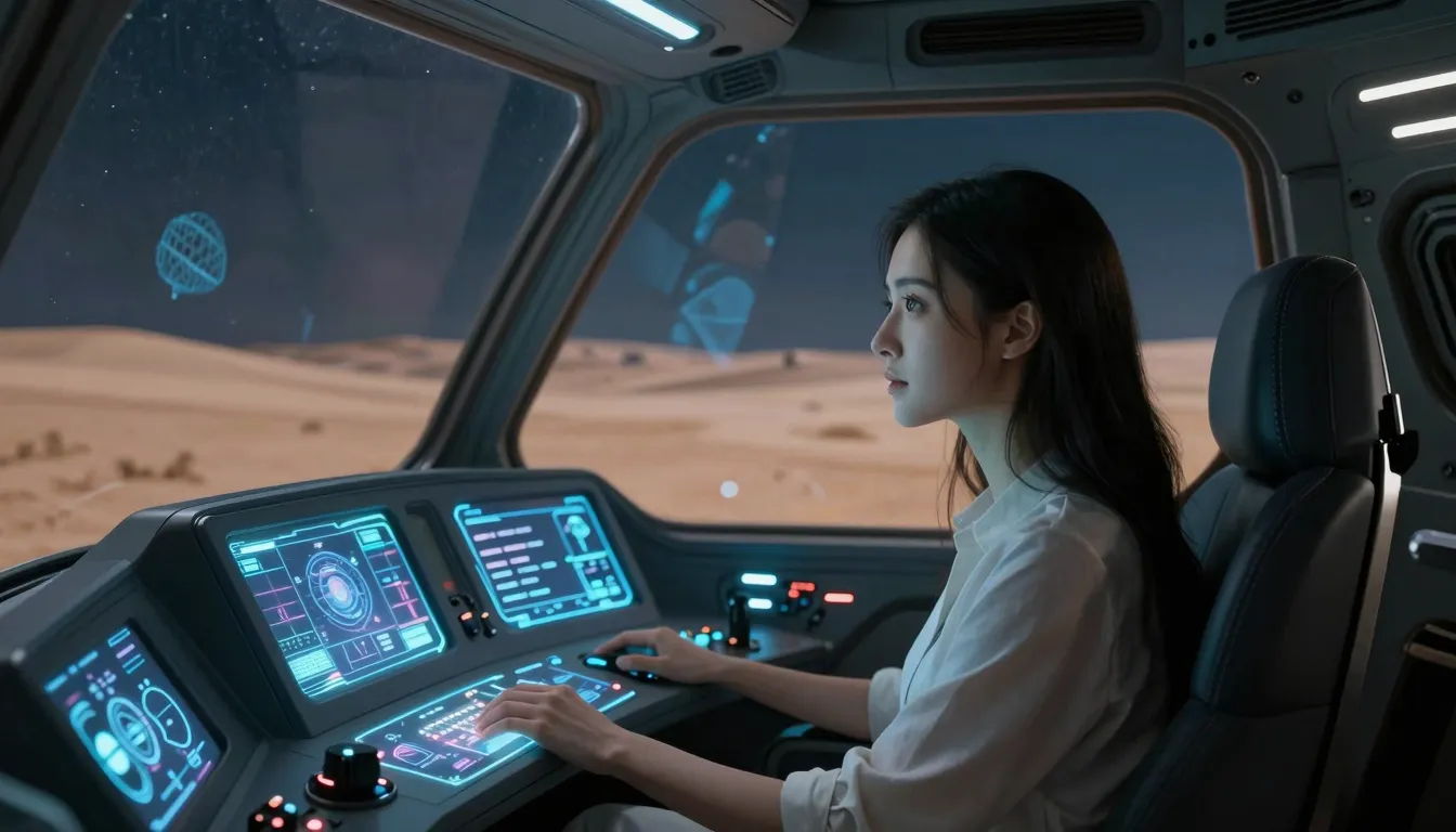 A beautiful woman named Lida inside a futuristic UFO cockpit...