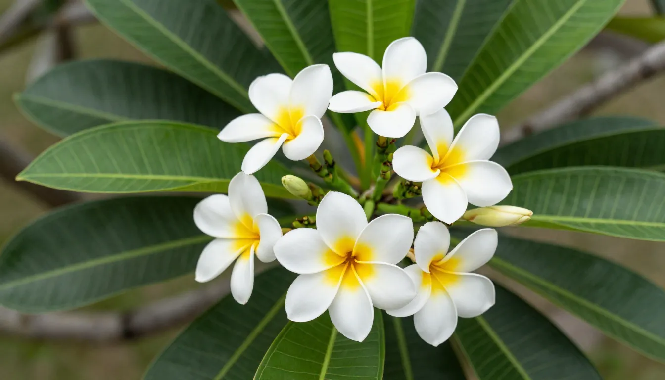 Close-up of blooming frangipani flowers on a branch, white p...