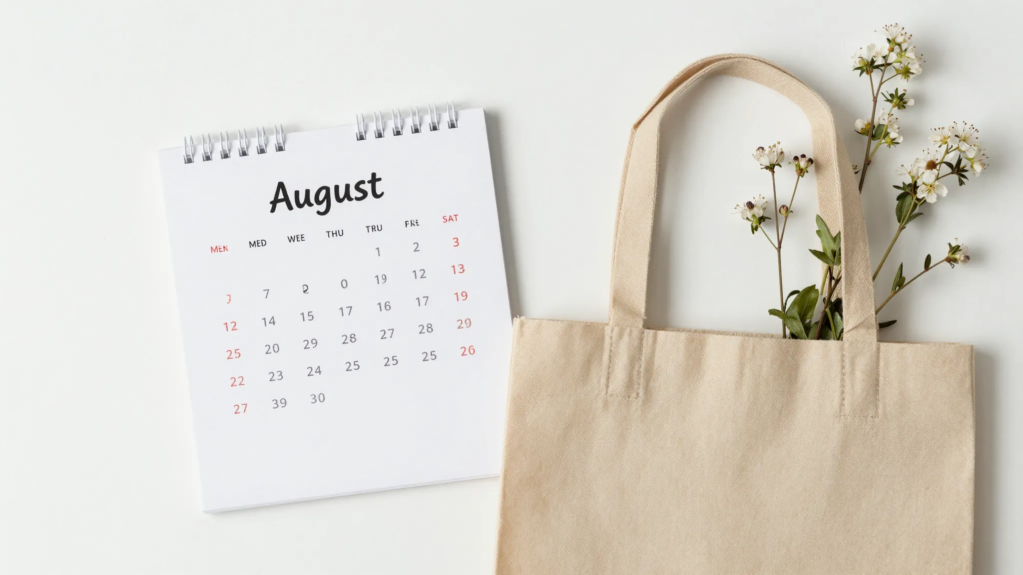 Minimalist aesthetic flat lay with a calendar page showing A...