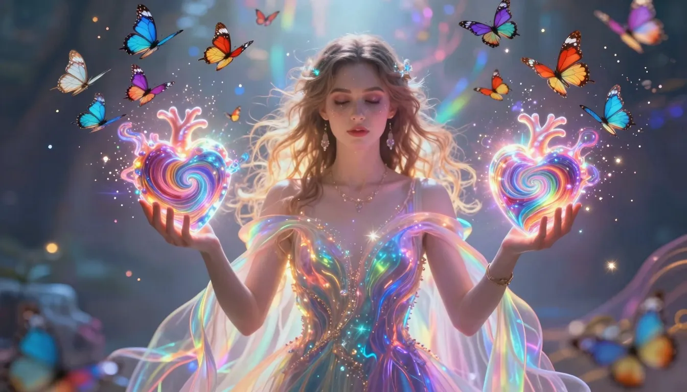 A mystical woman standing in a radiant glow of rainbow energ...