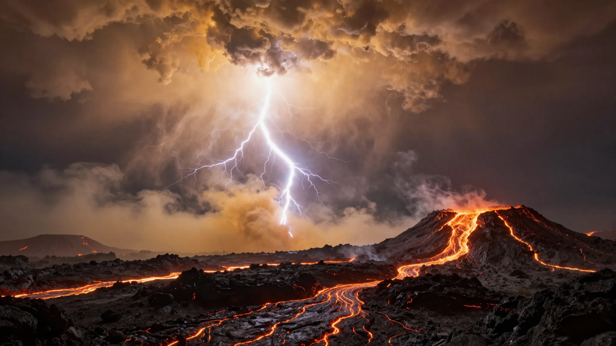 Surface of planet Venus during a powerful storm. Volcanic la...